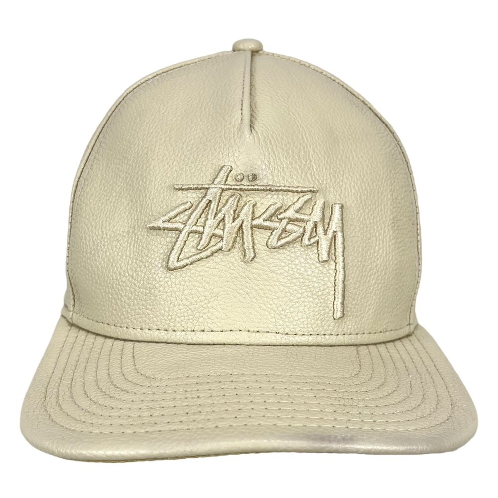 Stussy PU Cream Embroidered Logo Snapback Flat‎ Bill Hat Cap
